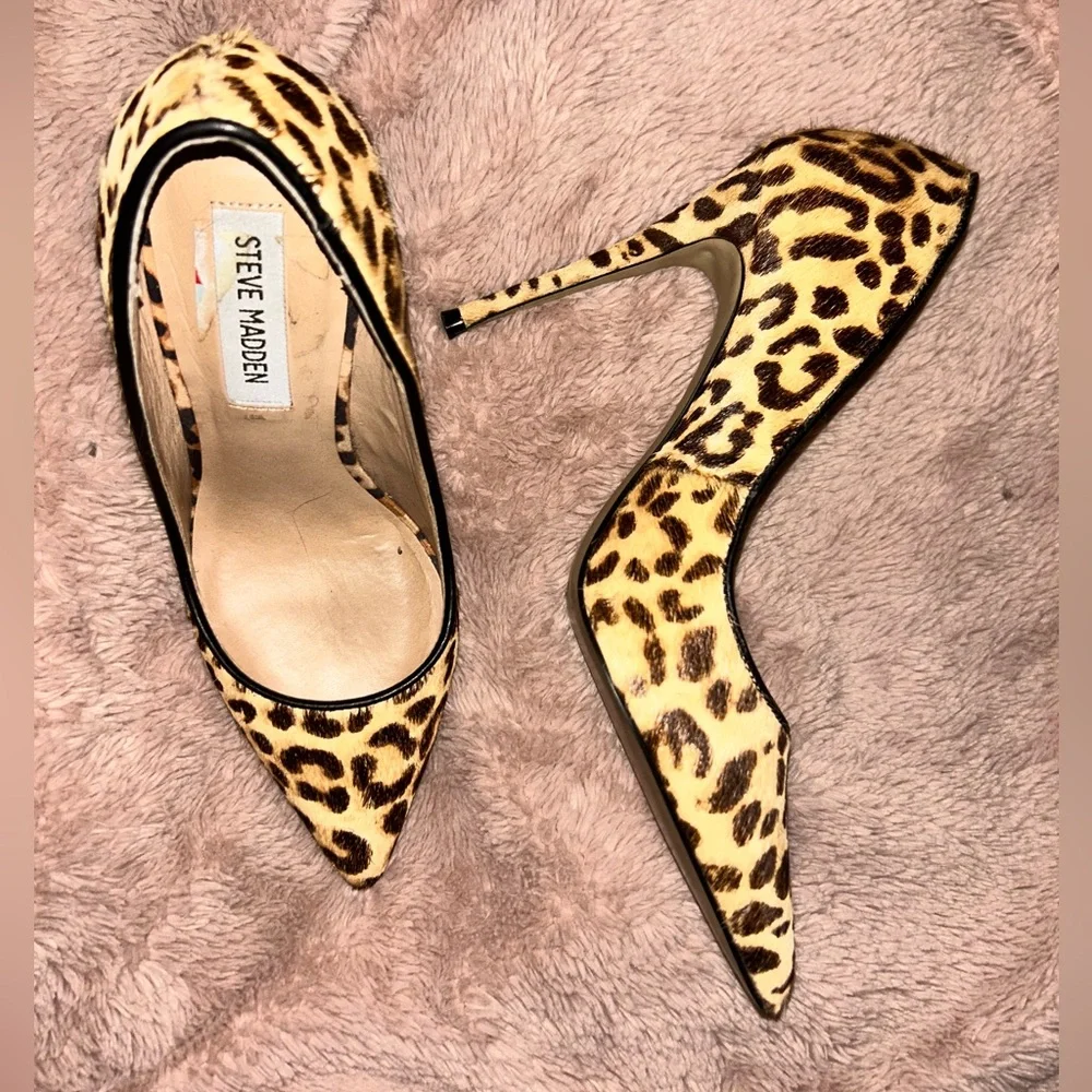 Steve Madden Daisie Leopard Print Leather Calf Fur Womens High Heels Size 7.5 - Picture 1 of 8